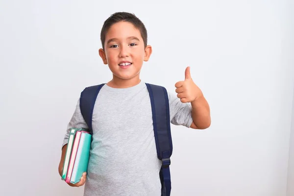 Mooie Student Jongen Dragen Rugzak Met Boeken Geïsoleerde Witte Achtergrond — Stockfoto