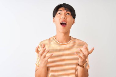 Genç Çinli adam rahat çizgili t-shirt izole beyaz arka plan üzerinde duran deli ve deli bağırarak ve agresif ifade ve kollar kaldırdı ile bağırıyor giyiyor. Hayal kırıklığı kavramı.