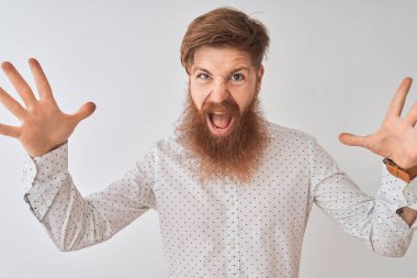 Genç kızıl saçlı İrlandalı adam izole edilmiş beyaz arka planda dikilmiş çılgın ve başarıyı kollarını kaldırıp heyecanla haykırarak kutluyor. Kazanan konsept