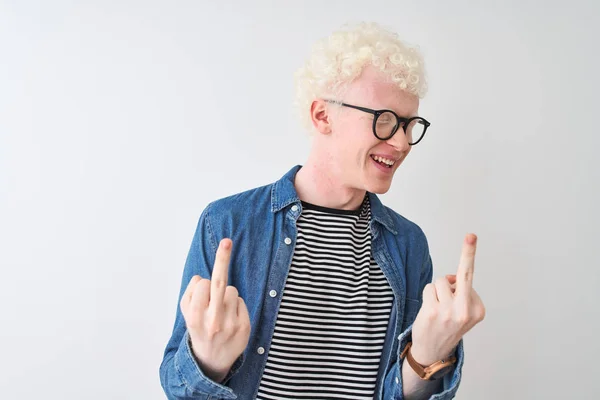 Young Albino Blond Man Wearing Denim Shirt Glasses Isolated White — Stockfoto