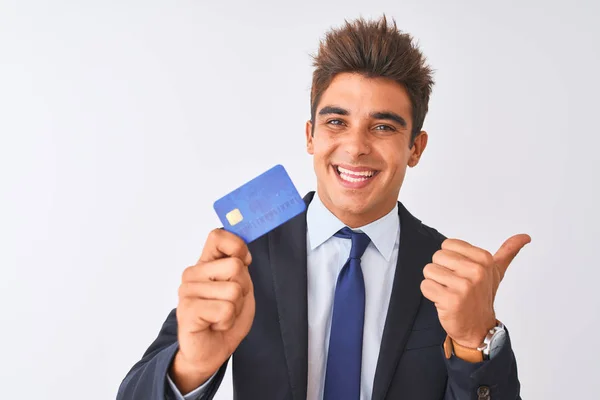 Young Handsome Businessman Wearing Suit Holding Credit Card Isolated White — Stock Photo, Image