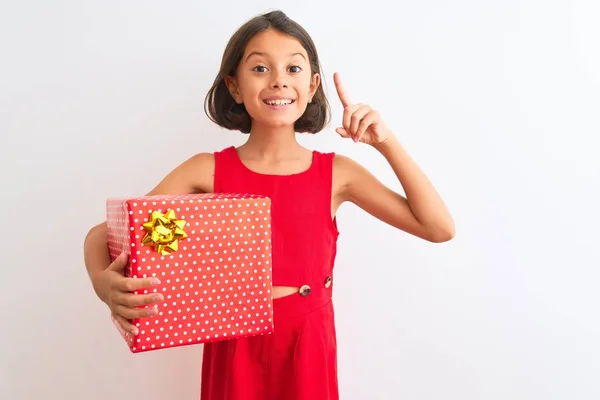 Beautiful Child Girl Holding Birthday Gift Standing Isolated White Background — ストック写真