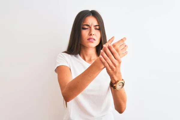 Young Beautiful Woman Wearing Casual Shirt Standing Isolated White Background — Stock Photo, Image