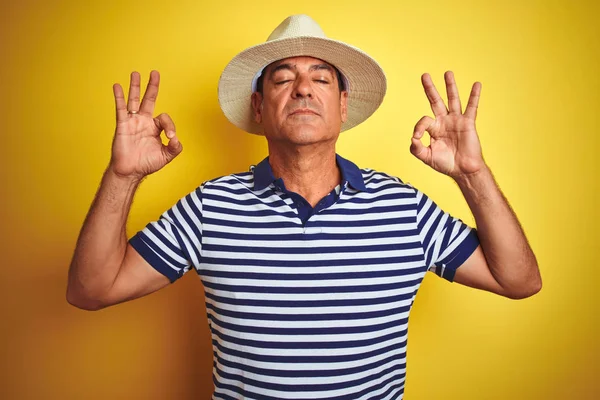 Handsome Middle Age Man Wearing Striped Polo Hat Isolated Yellow — Φωτογραφία Αρχείου