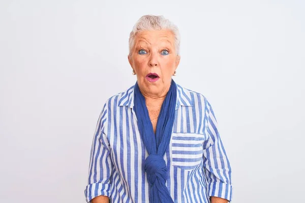 Senior Mulher Cabelos Grisalhos Vestindo Camisa Listrada Azul Sobre Fundo — Fotografia de Stock