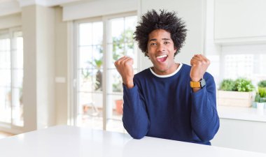Genç Afro-Amerikan erkeği, gündelik süveter giyen mutlu ve heyecanlı bir şekilde evinde oturmuş kollarını kaldırıp, gülümseyerek ve başarı için bağırarak zafer hareketi yapıyor. Kutlama konsepti.