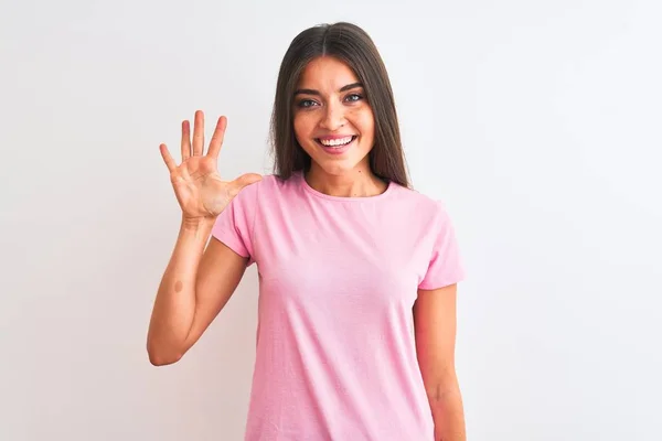 Junge Schöne Frau Rosa Lässigem Shirt Das Vor Isoliertem Weißen — Stockfoto