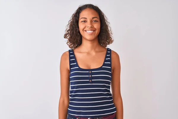 Jonge Braziliaanse Vrouw Met Gestreept Shirt Geïsoleerde Witte Achtergrond Met — Stockfoto