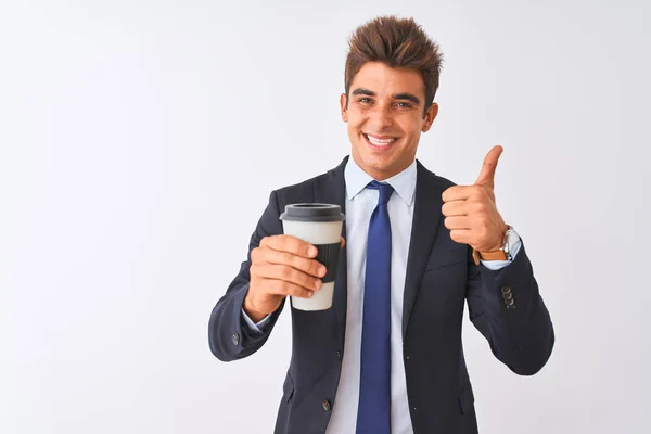 Young Handsome Businessman Wearing Suit Holding Coffee Isolated White Background — Stock Photo, Image