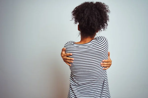 African American Woman Wearing Navy Striped Shirt Standing Isolated White — Stock Photo, Image