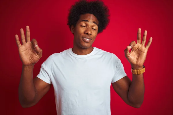 Jonge Amerikaanse Man Met Afrohaar Wit Shirt Geïsoleerde Rode Achtergrond — Stockfoto