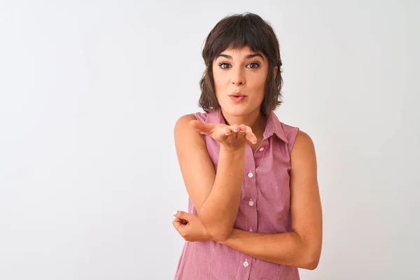 Young Beautiful Woman Wearing Red Summer Shirt Standing Isolated White — Stock Photo, Image