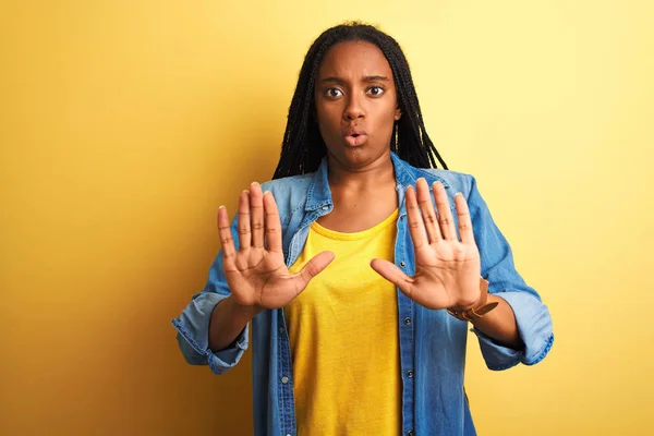 Young African American Woman Wearing Denim Shirt Standing Isolated Yellow — Stock Photo, Image