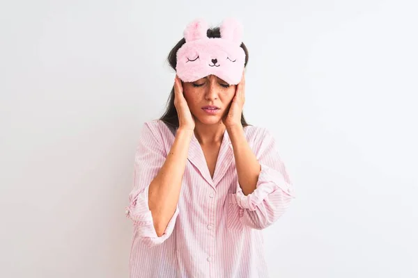 Young Beautiful Woman Wearing Sleep Mask Pajama Isolated White Background — 스톡 사진