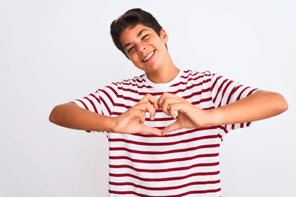 Bonito Adolescente Menino Sobre Fundo Isolado Branco Sorrindo Amor Mostrando — Fotografia de Stock