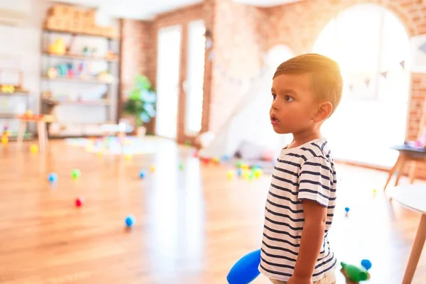 Beautiful Toddler Boy Playing Bowling Kindergarten — Stock Photo, Image
