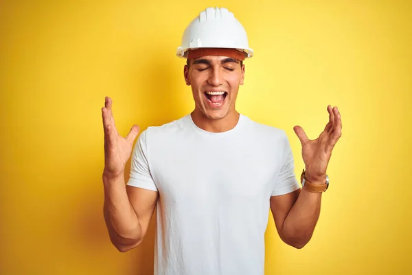 Young Handsome Man Wearing Construction Helmet Yellow Isolated Background Celebrating — 스톡 사진