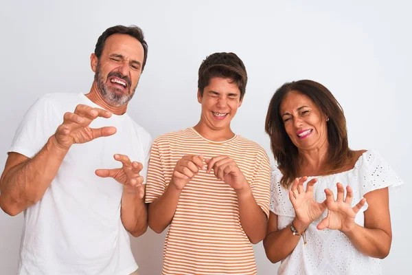 Familie Von Drei Mutter Vater Und Sohn Stehen Über Weißen — Stockfoto