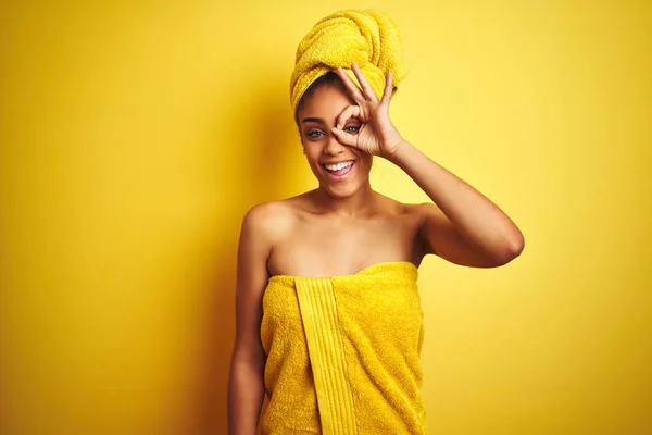 Young African American Woman Wearing Towel Shower Isolated Yellow Background — Stock Photo, Image