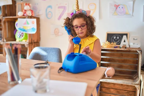 Beautiful Toddler Wearing Glasses Unicorn Diadem Playing Blue Vintage Phone — Stock Photo, Image