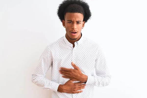 Молодой Африканский Американец Элегантной Рубашке Стоит Изолированном Белом Фоне Рукой — стоковое фото