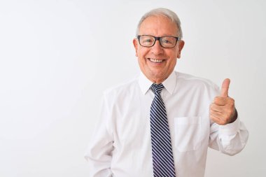 Kravat takan ve gözlük takan kıdemli gri saçlı işadamı izole edilmiş beyaz arka planda mutlu bir el hareketi yapıyor. Kameraya bakıp başarıyı gösteren ifade onaylanıyor.