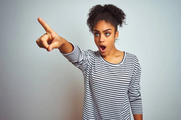 African American Woman Wearing Navy Striped Shirt Standing Isolated White — Stock Photo, Image