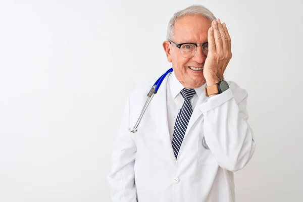 Hombre Médico Pelo Gris Mayor Con Estetoscopio Pie Sobre Fondo —  Fotos de Stock