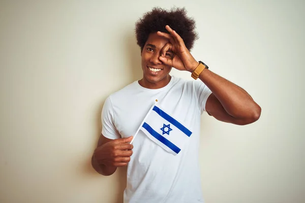 Jovem Afro Americano Segurando Israel Bandeira Israelense Sobre Fundo Branco — Fotografia de Stock