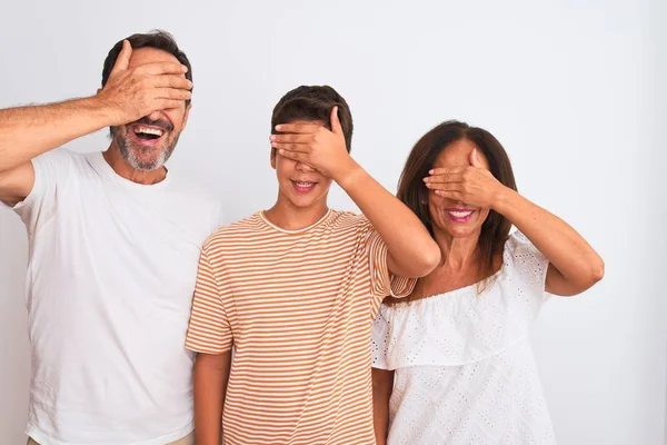 Family Three Mother Father Son Standing White Isolated Background Smiling — Stock Photo, Image