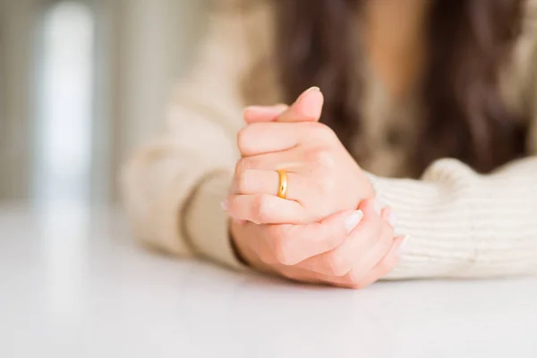 Close Woman Crossed Hands Wearing Golden Alliance Marriage — Stock Photo, Image