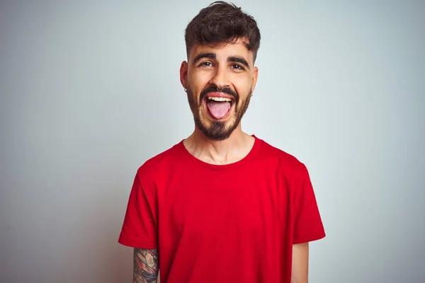 Young Man Tattoo Wearing Red Shirt Standing Isolated White Background — Stock Photo, Image