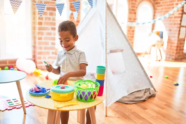 Beautiful African American Toddler Playing Plastic Food Cutlery Toy Kindergarten — Stockfoto