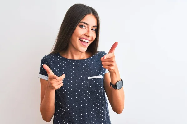 Jonge Mooie Vrouw Draagt Blauwe Casual Shirt Staan Geïsoleerde Witte — Stockfoto