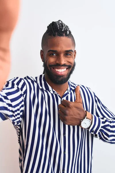 African American Man Braids Make Selfie Camera Isolated White Background — Stock Photo, Image