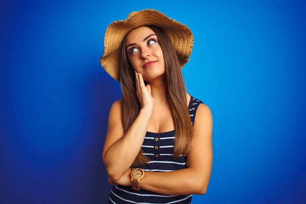 Young Beautiful Woman Wearing Striped Shirt Summer Hat Isolated Blue — Stock Photo, Image
