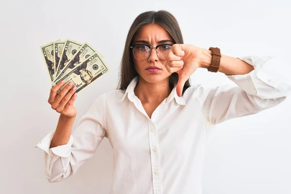 Mooie Zakenvrouw Draagt Bril Met Dollars Geïsoleerde Witte Achtergrond Met — Stockfoto