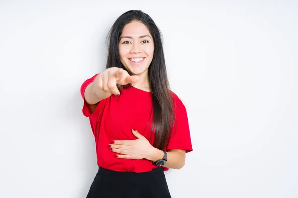 Mooie Brunette Vrouw Dragen Rode Shirt Geïsoleerde Achtergrond Lachen Van — Stockfoto