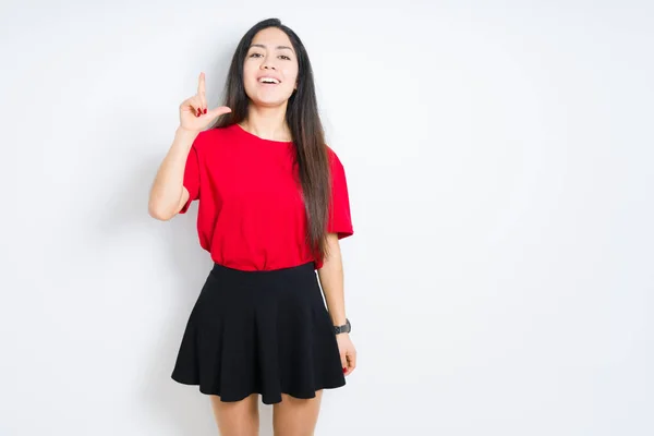 Beautiful Brunette Woman Wearing Red Shirt Skirt Isolated Background Pointing — ストック写真