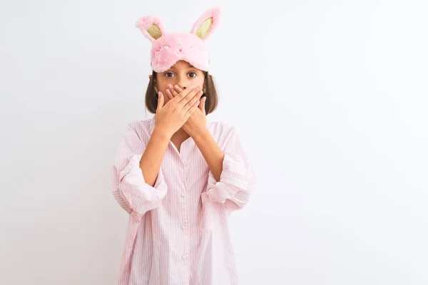 Beautiful Child Girl Wearing Sleep Mask Pajama Standing Isolated White — Stock Photo, Image