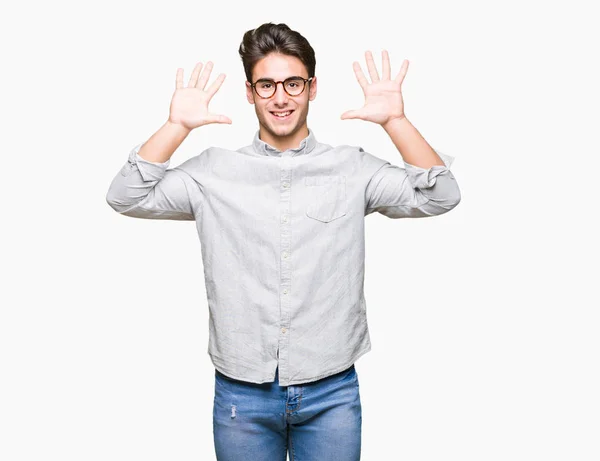 Jonge Knappe Man Met Bril Geïsoleerd Achtergrond Weergegeven Met Vingers — Stockfoto