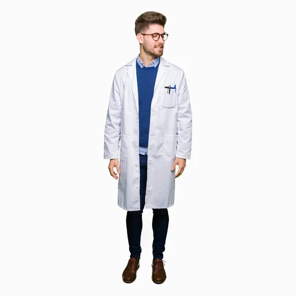 Young Handsome Scientist Man Wearing Glasses Looking Away Side Smile — Stock Photo, Image