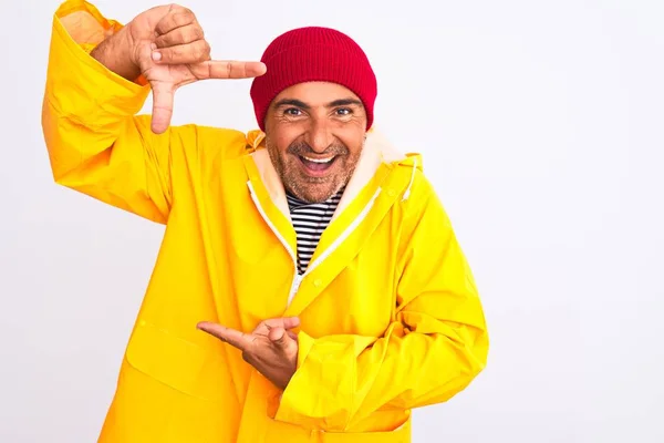 Middle Age Man Wearing Rain Coat Woolen Hat Standing Isolated — Stock Photo, Image