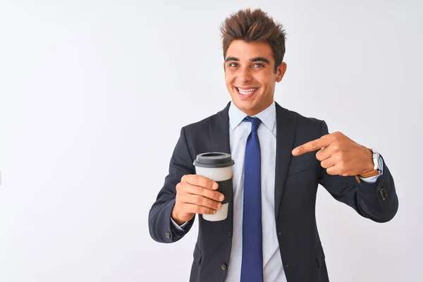 Young Handsome Businessman Wearing Suit Holding Coffee Isolated White Background — Stock Photo, Image