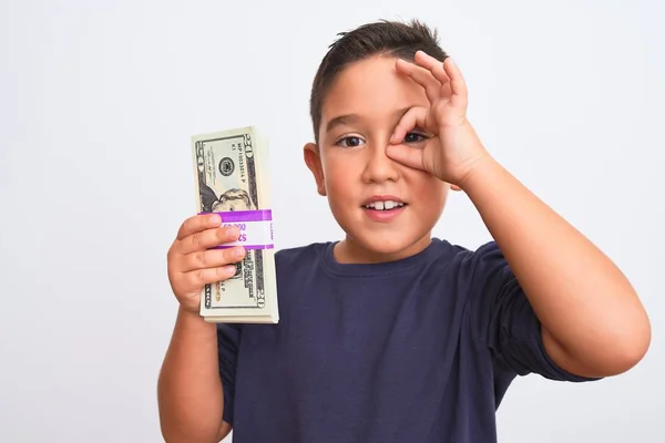 Hermoso Niño Niño Sosteniendo Dólares Pie Sobre Fondo Blanco Aislado — Foto de Stock