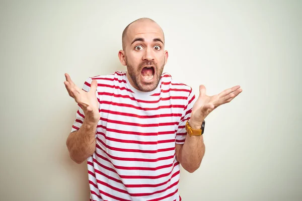 Young Bald Man Beard Wearing Casual Striped Red Shirt White — Stock Photo, Image