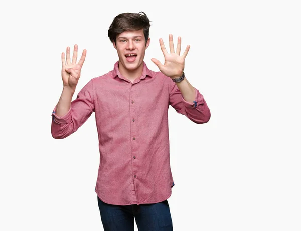 Молодий Красивий Бізнесмен Над Ізольованим Тлом Показуючи Вказуючи Пальцями Номер — стокове фото