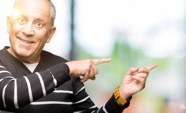 Handsome Senior Man Wearing Winter Stripes Sweater Smiling Looking Camera — Stock Photo, Image