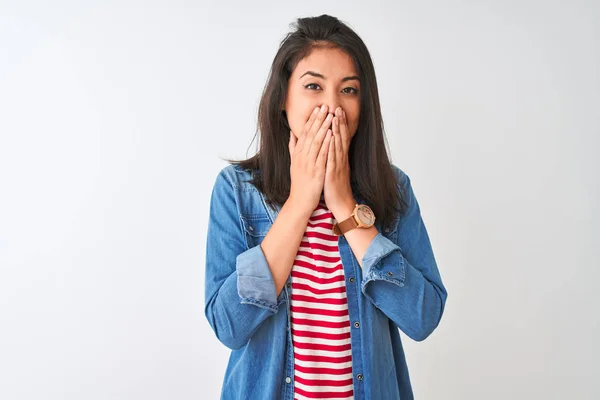 Giovane Donna Cinese Che Indossa Shirt Righe Camicia Jeans Sfondo — Foto Stock