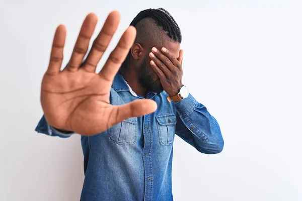 African American Man Braids Wearing Denim Shirt Isolated White Background — Stok fotoğraf